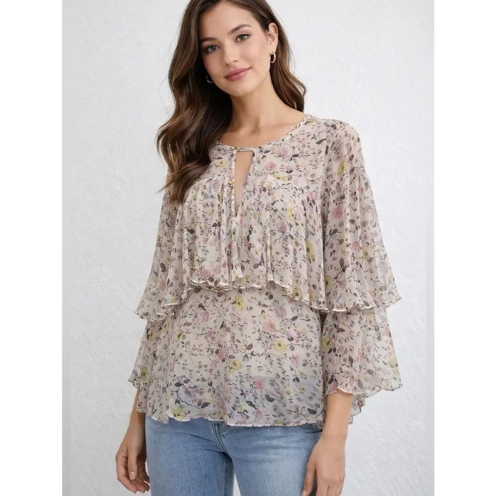 Rebecca Taylor Boho Silk Sheer Floral Print Blouse Top Size 4